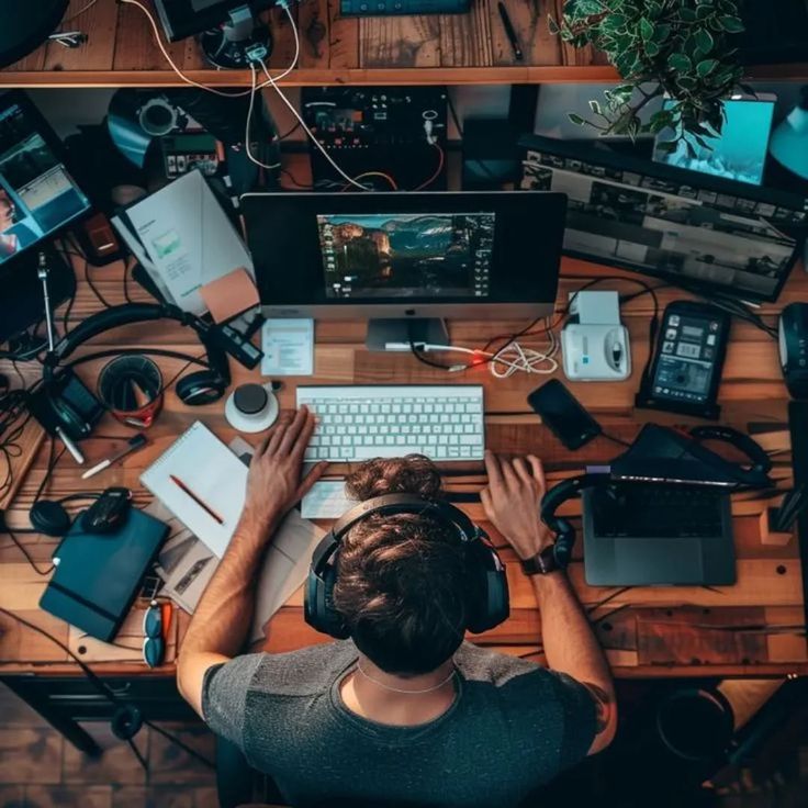 Человек учится с планшета и компьютера